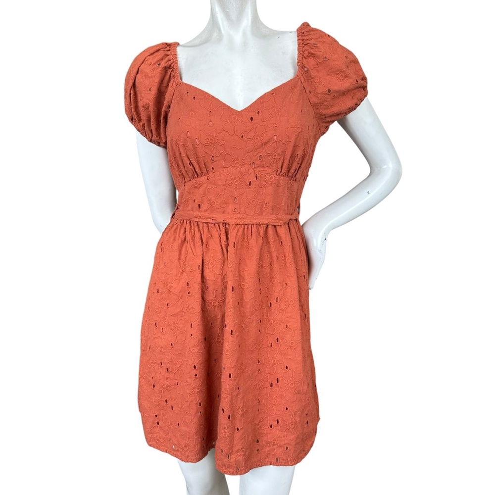 Dizzy Lizzy Burnt Orange Eyelet Puff Milkmaid Sleeve Babydoll Dress Size Medium